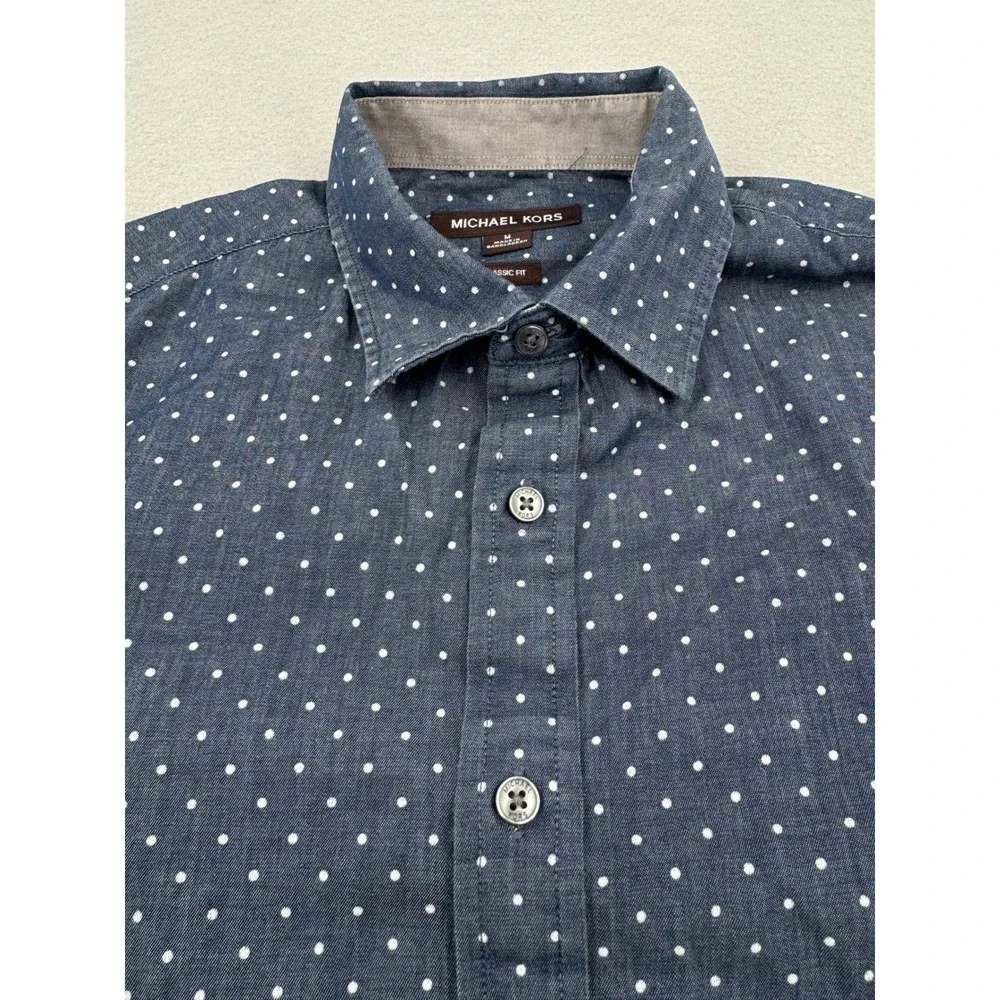 Michael Kors Mens M Blue Polka Dot Short Sleeve Button Down Shirt Classic Fit